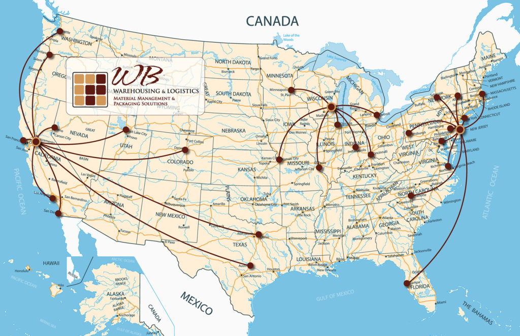 Map of WB Warehousing's logistic network